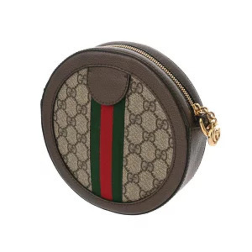 Gucci Ophidia Round Shoulder Bag Beige Ebony Brown Leather GG Supreme Canvas - Picture 2 of 9